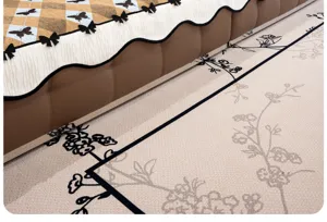 Detailed view of chenille sofa cushion texture with plaid pattern and black bows.