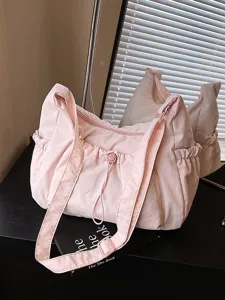 Roze nylon schoudertas met trekkoord, casual tas met grote capaciteit voor dagelijks gebruik.