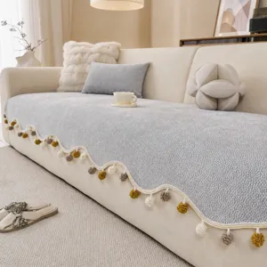 Cuscino per Divano in Ciniglia Stile Francese Minimalista Tinta Unita Antiscivolo Copridivano con Bordo con Pompon Bordo Festonato Irregolare Protezione per Mobili Soggiorno
