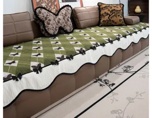 Non-slip chenille sofa cushion with green diamond pattern and cute butterfly bows.