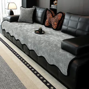 Luxury Chenille Striped Sofa Cover Non Slip Soft Sectional Sofa Mat For Living Room Wavy Faux Fur Edge Modern Minimalist Furniture Protector Furniture Throw