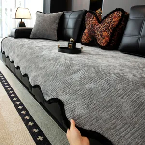 Modern grey corduroy sofa cover for living room, anti-slip four seasons universal furniture protector.