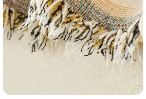 Gedetailleerde close-up van een geweven sofadeken met kleurrijke decoratieve franjekwasten.