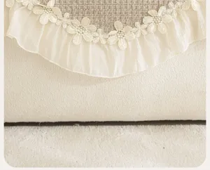 Détail de coussin de canapé en chenille style français avec dentelle délicate.