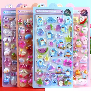 Close-up of 3D luminous relief cartoon puffy stickers sheet, cute designs for journaling.