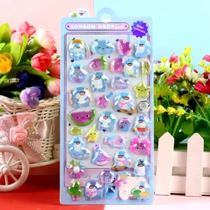 Cute 3D luminous embossed cartoon shark stickers detail view, colorful decorative sticker sheet.