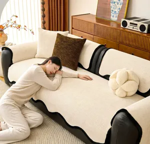 Cream chenille sofa cover detail view, stylish anti-slip furniture protector for living room.