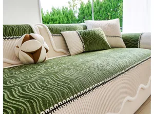 Chenille sofa cushion detail, green wavy texture design, elegant living room decor piece.