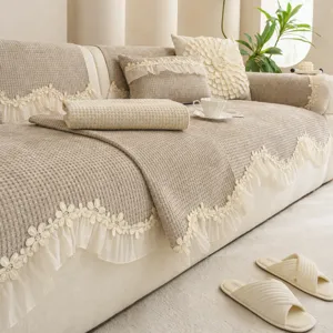 Housse de Canapé en Chenille Française Antidérapante Résistante aux Rayures de Chat Protecteur de Canapé Décoratif Avec Bordure en Dentelle Pour Salon Toutes Saisons
