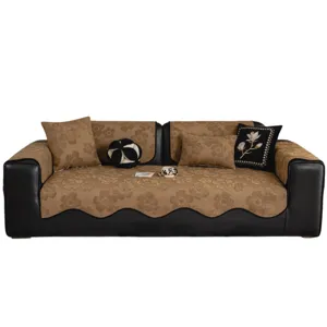 Luxurious retro floral chenille sofa cover non-slip leather couch cushion protector main view.