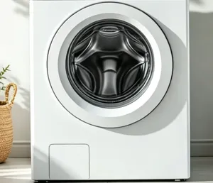 Gedetailleerd overzicht van de moderne witte voorlader wasmachine met glazen deur.