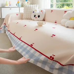 Frisse Chenille Bankhoes Deken Kersenpatroon Ruitjesrand Vier Seizoenen Universele Antislip Volledige Couch Throw Handdoek