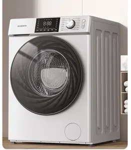 White front load washing machine with digital display panel and rotary knob for home laundry use.