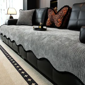 Luxurious grey corduroy sofa cover anti-slip couch blanket for living room decor
