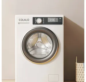 Modern white front load washing machine with digital display and sleek aesthetic design for home.
