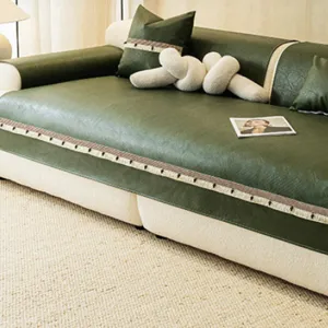 Vintage green leather waterproof sofa cushion, luxury anti-scratch seat cover for modern living room.