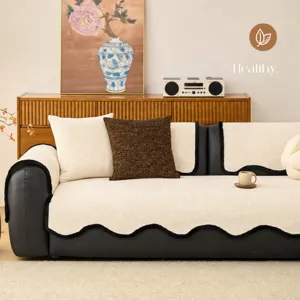 Cream chenille sofa cover with scalloped edge, non-slip couch cushion for all seasons.