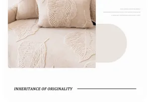 Beige plush leaf pattern sofa cover detail shot, soft cotton velvet fabric for living room.