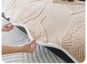Modern beige leaf embossed sofa cover blanket with soft cozy sherpa plush edge