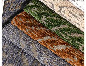 Detail van chenille bankkussenstof close-up, met retro getextureerd pluche geweven oppervlak.
