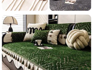 Chenille bankhoes detail met luxe retro groene jacquard textuur en decoratieve kwastjes.