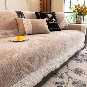 Housse de Canapé Moderne en Chenille Antidérapante Jacquard Avec Bord en Dentelle Épaissie Protection de Meubles Décorative Toutes Saisons