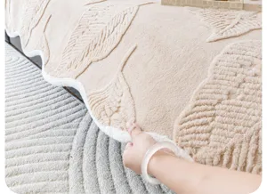 Modern textured leaf pattern plush sofa cover soft beige non-slip furniture protector mat detail