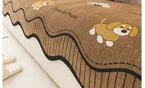 Detailed view of vintage chenille sofa cover with cute dog pattern and wavy edge design.
