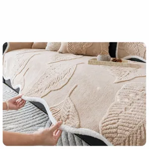 Modern chenille sofa cover with wavy edge and elegant leaf embossed texture for home decor.