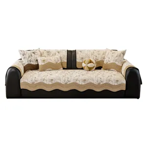 Ensemble de coussins de canapé en chenille à motif floral et bord ondulé, beige, quatre saisons