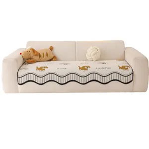 Vintage style chenille sofa cushion cover with cute dog pattern and matching pillows for living room.