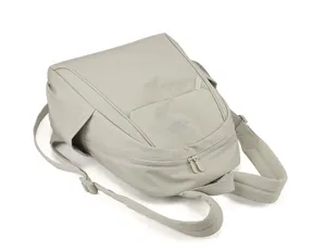 Detail view of stylish grey nylon backpack featuring front pocket and secure zip design.