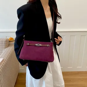 Women dark purple suede shoulder bag, elegant crossbody handbag for daily commute and casual use.
