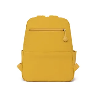 Casual yellow backpack with front zipper pocket and side slots, lightweight daily school book bag.