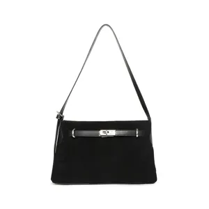 Black suede shoulder bag for women, stylish commuting handbag with metal lock closure.