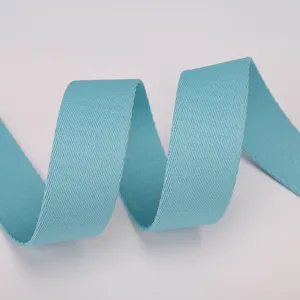 Detailed view of light blue woven strap, showcasing fine diagonal twill texture and neat fold.
