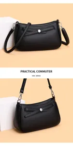 Black leather crossbody bag for women, stylish commuter shoulder bag with simple minimalist design.