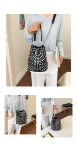 Detailed view of the stylish litchi grain rivet bucket bag with chain strap for women.