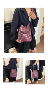 Litchi grain rivet bucket bag detail showing punk style design, metal chain and spacious capacity.