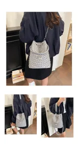 Litchi grain rivet bucket bag with metal chain and pearls, stylish punk shoulder handbag.
