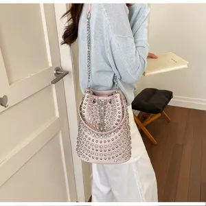 Pink litchi leather rhinestone studded bucket bag with chain strap for women fashion casual
