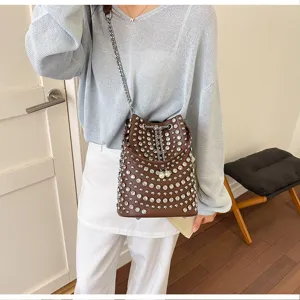 Litchi pattern rhinestone bucket bag women retro punk style shoulder crossbody bag daily use.