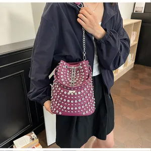 Purple rhinestone studded bucket bag fashion punk style shoulder crossbody bag for women