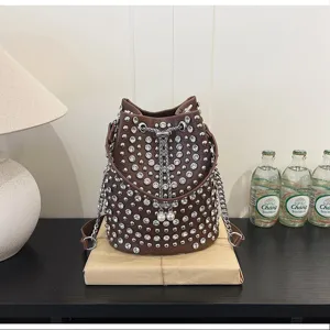 Brown Rhinestone Studded Bucket Bag Fashion Retro Punk Style Shoulder Crossbody Bag