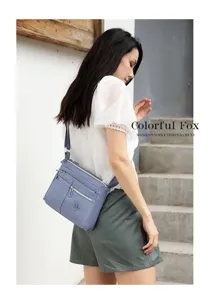 Detail view of a stylish nylon crossbody bag featuring multiple zipper pockets for daily use.