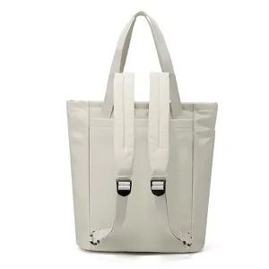 Detailed view of the convertible nylon backpack showing adjustable straps and hardware.