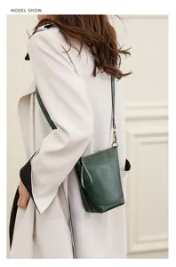 Green leather bucket bag womens crossbody shoulder bag minimalist daily fashion handbag