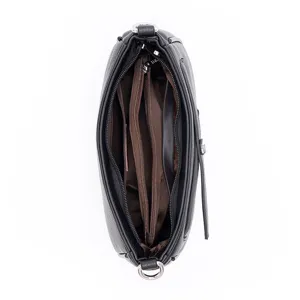 Black fashion crossbody shoulder bag with multi-compartment interior zipper design for women.