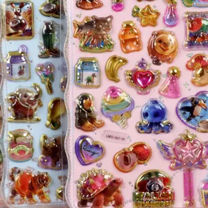3D puffy crystal epoxy stickers, cute cartoon animal and magical wand designs for DIY decor.