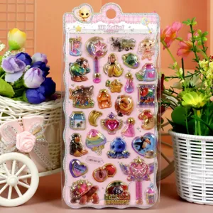 Detailed view of 3D epoxy relief decorative stickers featuring cute cartoon designs and fun motifs.